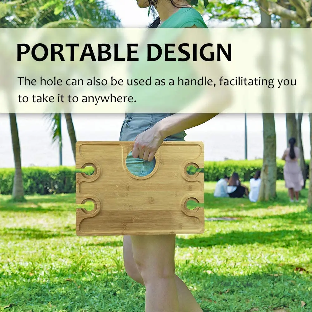 Wine Picnic Table Snack & Cheese Tray with 4 Wine Glasses Holder Portable Bamboo Large Folding for Outdoor Square Midcentury