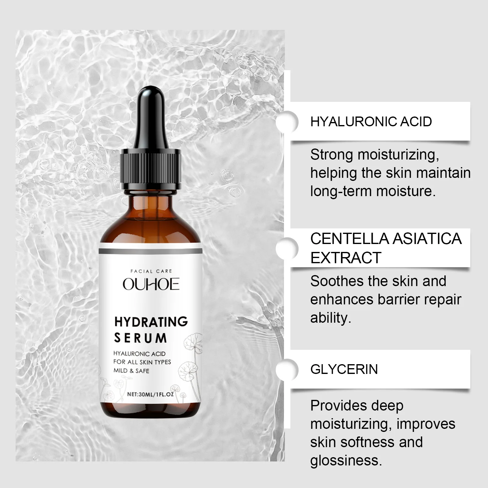 OUHOE Dry Skin Moisturizing Soothing Repair Hydrating Refreshing Improve Roughness Facial Serum With Hyaluronic Acid