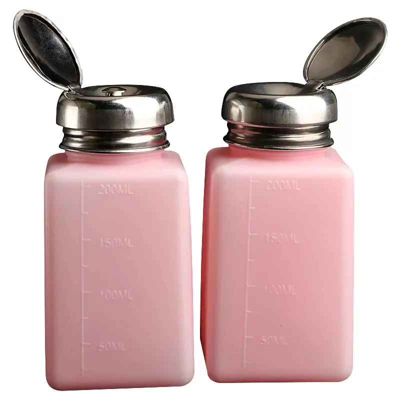 200ml Pink  Push Down Metal One-Touch Alcohol Liquid Dispenser Pump Bottle for Nail Polish Remover