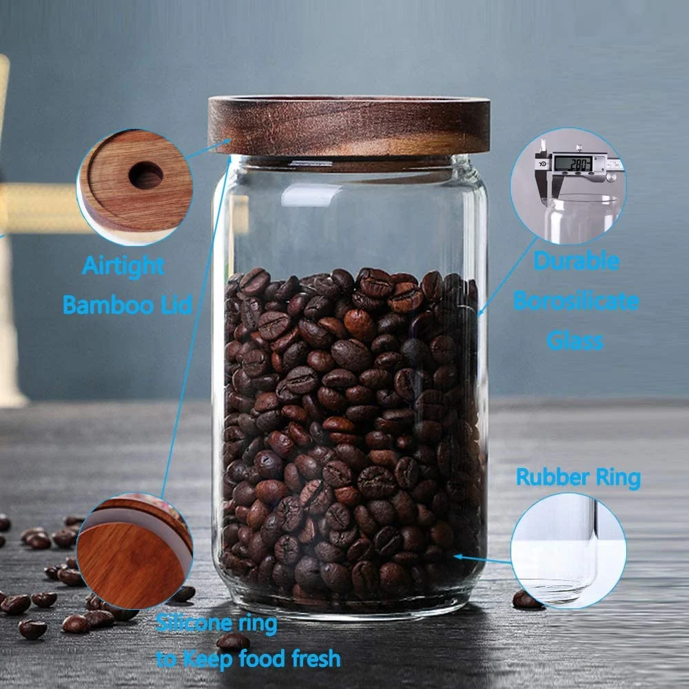 Borosilicate wide mouth big stackable glass spice storage jar with airtight acacia wood lid screw type
