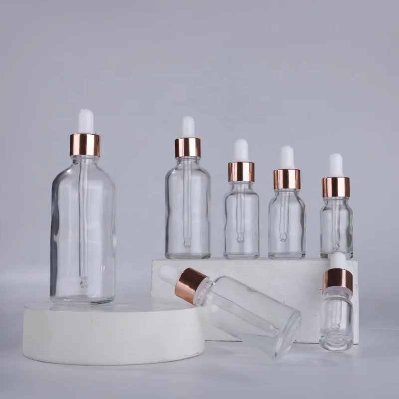 30ml 1 oz Clear luxury glass eye dropper bottle for cosmetic essential oil bottle Rose gold