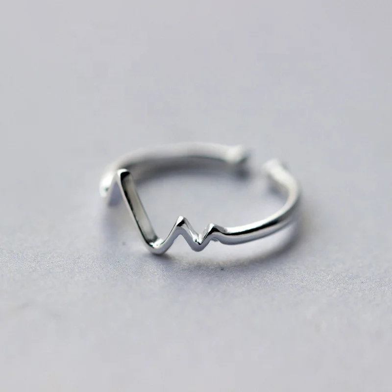 Korea New Electrocardiogram Design 925 Sterling Silver Simple Fashion Adjustable Wave Shape Rings Jewelry For Women