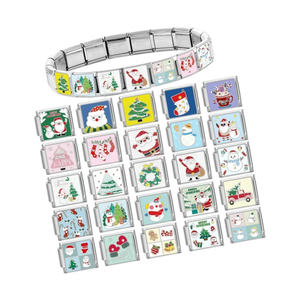 Personalized DIY Stainless Steel Italian Link Charms Flat Enamel Christmas Tree Santa Claus Italian Bracelet Christmas
