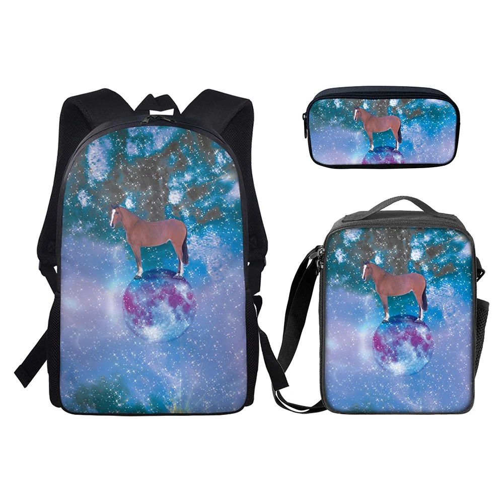 The Galaxy horse print fabric backpack for boys child school bag Lunch Box and Pencil case school bag set for kids Wholesale