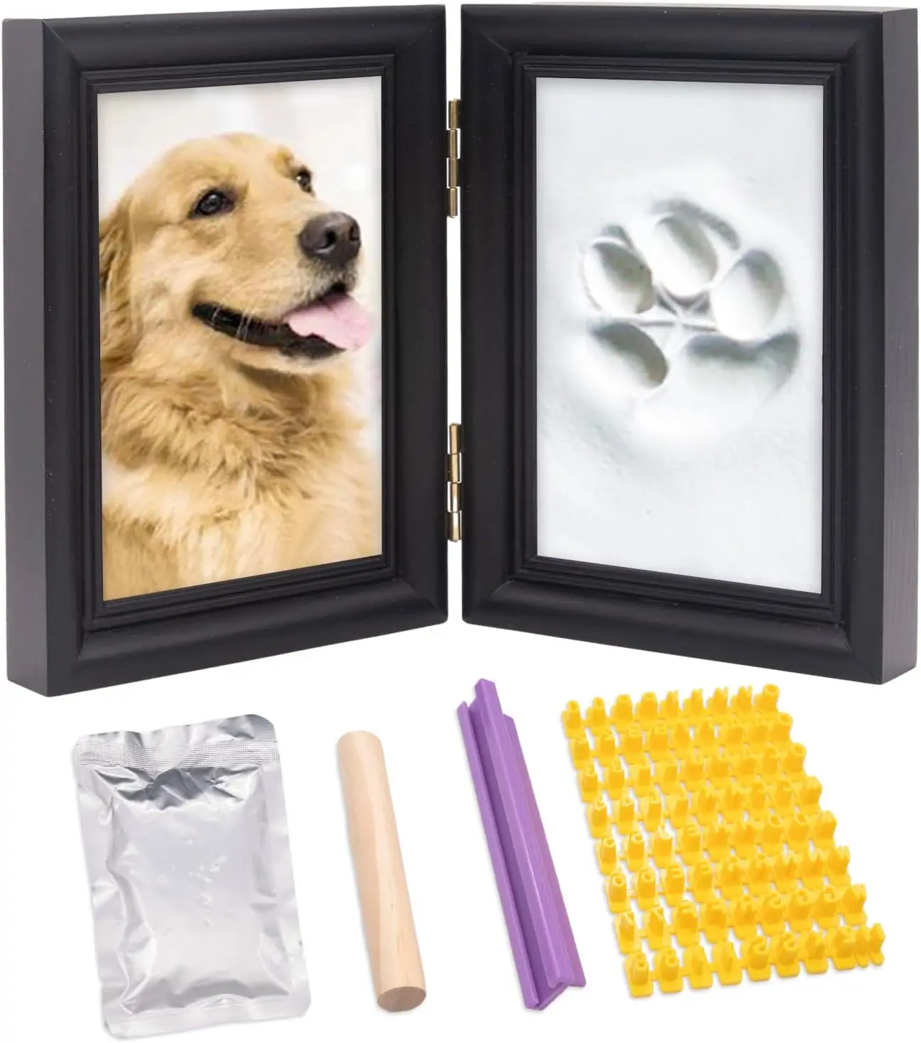 Pet Paw Print Keepsake Kit Wooden Photo Frame with Pet Paw Print Imprint Kit Memorial Clay Imprint Kit for Dog or Cat