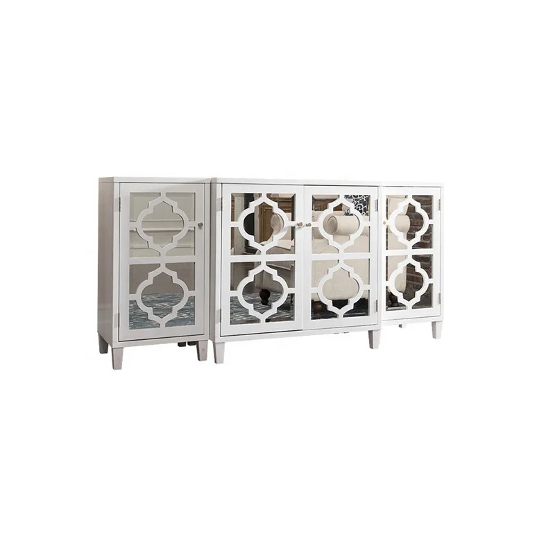 Wooden Curved Mirrored TV Stand Mirror 4 Doors Table for Living Room Furniture