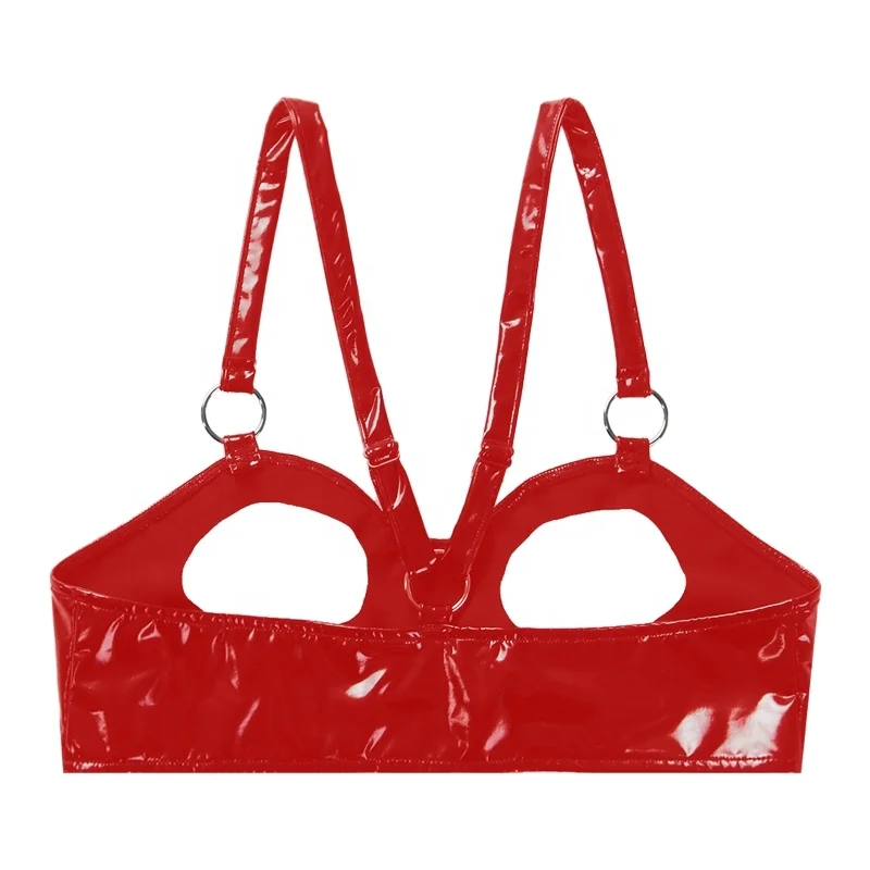 Sexy Womens Wet Look Patent Leather Adjustable Straps O Ring Crop Top Lingerie Underwear Open Cup Bra Tops