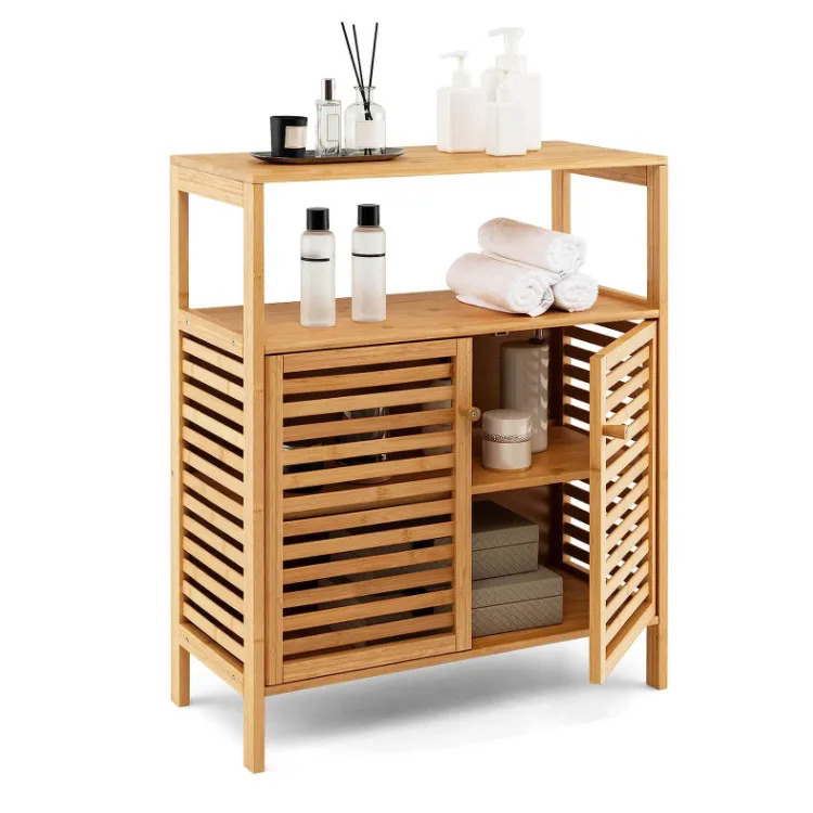 Bamboo Floor Cabinet Freestanding Bathroom storage cabinet with Double Slatted Doors open shelf cabinet