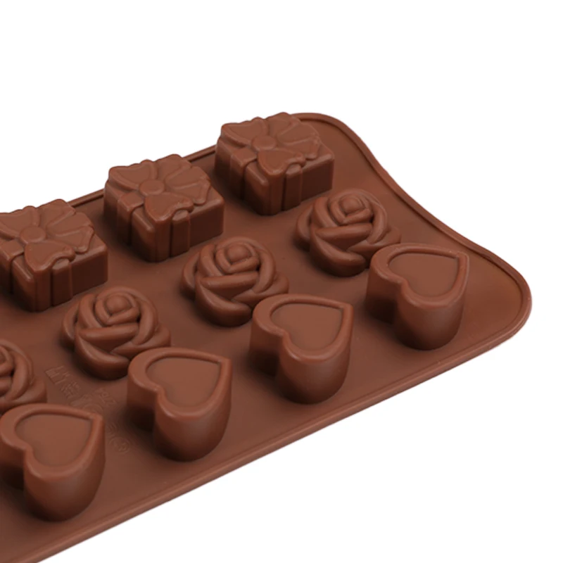 Factory direct price 15 cavities custom chocolate mold 3D heart flower and gift shape chocolate moulds heart for kids