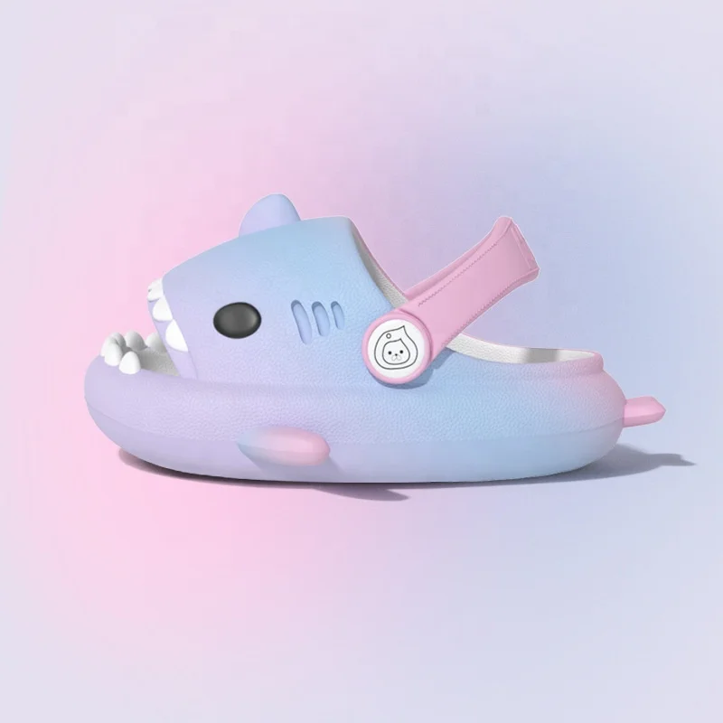 New Design Gradient Color Rainbow Straps Children Shark Slides Cute Cartoon Boys Girls Outdoor Shark Slippers