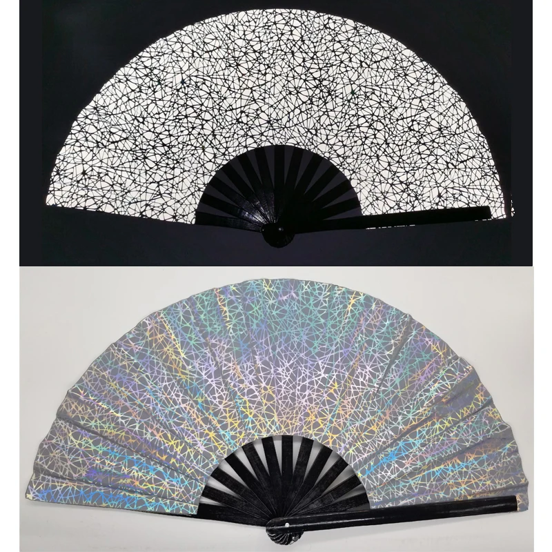 customized high visible uv light reflective large 33cm 13 inches folding clack bamboo hand fan for festival rave party culture