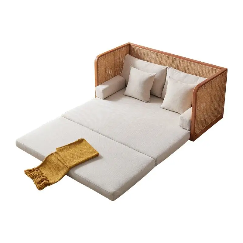 160cm double rattan sofa bed foldable dual-purpose living room simple solid wood sofa