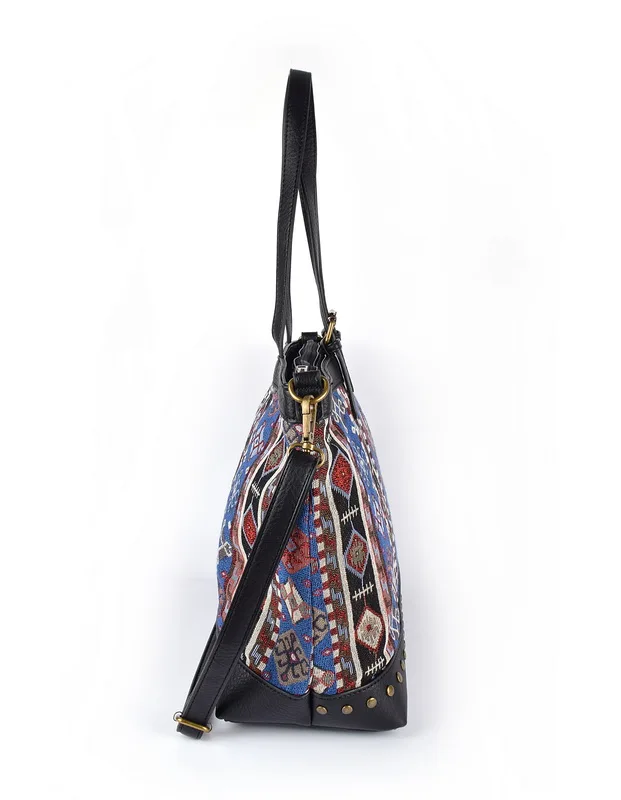 Women National style shoulder bag Tote Bag Pu Leather Jacquard fabric Vintage Style Casual Handbag High Quality Shopping Bag