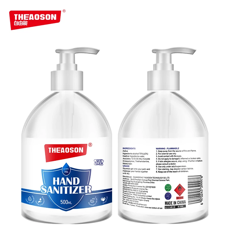Theaoson Best Quality Custom Logo Waterless food Grade Gel 500ml 75% Alcohol Antiseptic Hand Sanitizer