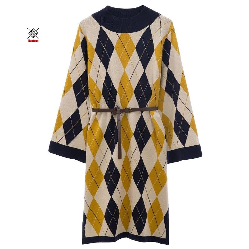 Retro Dress Diamond Check Half High Collar Casual Loos Sweater Dress Long Sleeve (1600192724340)