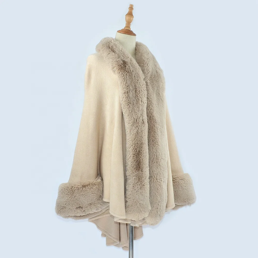 
Fashion Cashmere Feeling Knit Fur Trim Long Other Scarves Shawls Faux Fur Cape Poncho Coat For Women 