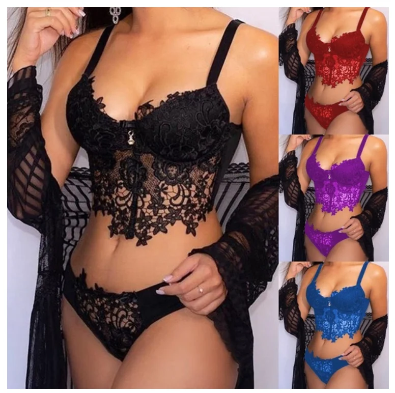 Sfy1284 Sexy Lingerie Erotic 2 Piece Set Cardigan 2021 Embroidered Lace Sheer Mesh Underwear Sets Women Push Up Pajamas