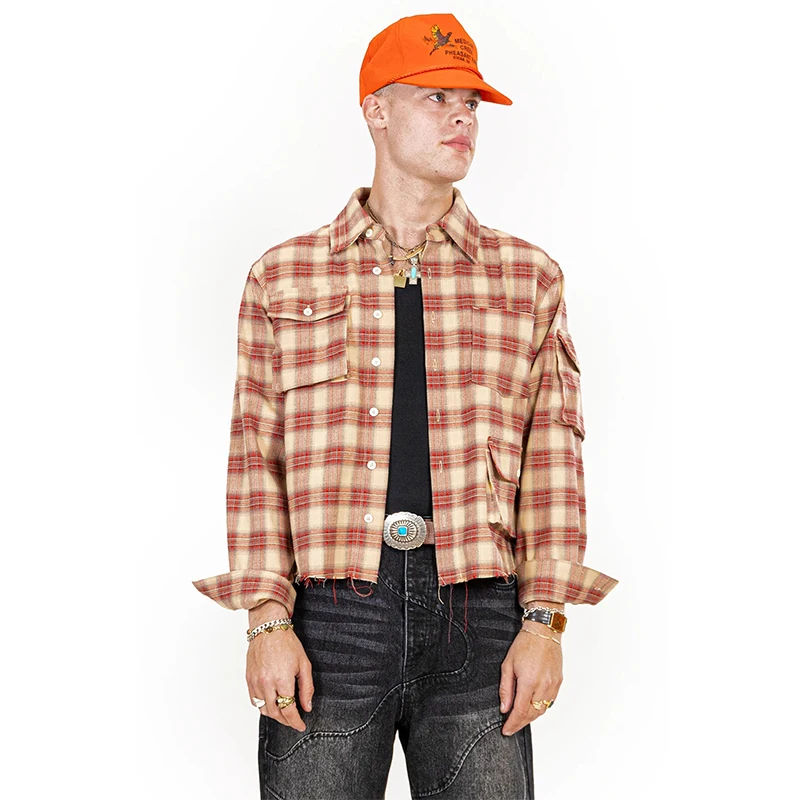 OEM custom slightly cropped multi cargo pockets plaid soft cotton flannel fashion shirts men