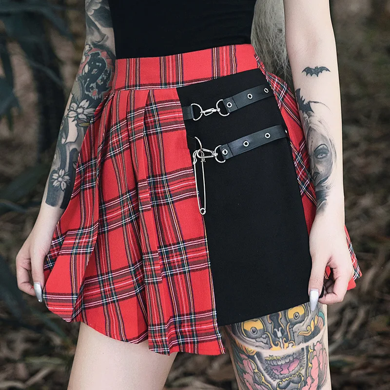 vintage metal chain pleated mini skirt girls red plaid  Y2K punk rave gothic skirt mini short punk harajuku skirt wholesale