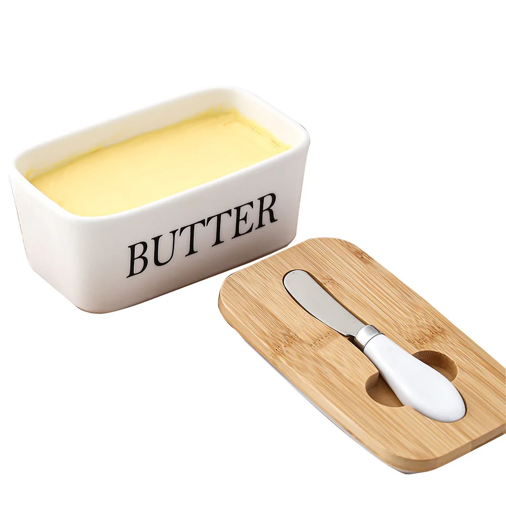 Nordic Style Ceramic Butter Box With Knife Set Kitchen Food Storage Container With Bamboo Lid