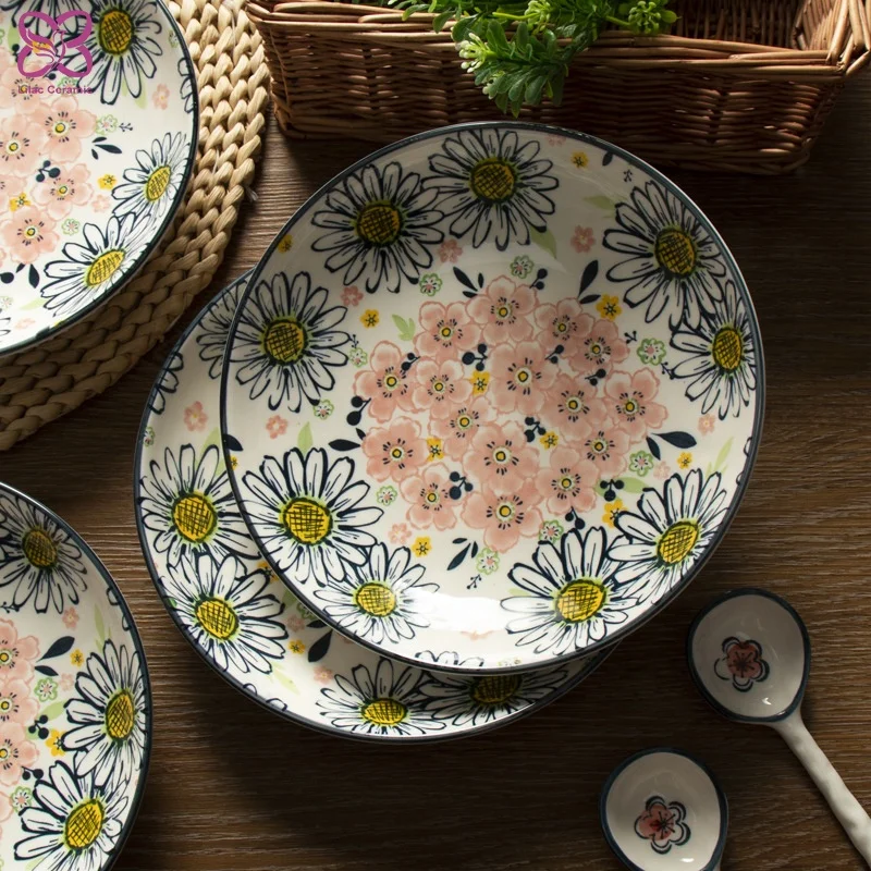 Country Style Freshness Sunflower Plants Pattern Custom Printed Ceramic Bohemian Catering 8inch Deep Plates