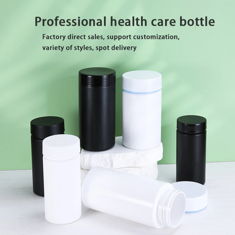 Customized color black white flat shoulder plastic bottle with for capsules medicine vitamin manufacturing empty packaging