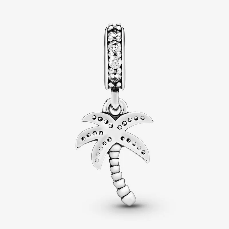 
S925 Sterling Silver Sparkling Cubic Zirconias Palm Tree Dangle Charm Fabulous Pendant A Must-have For Beach-loved Fashionistas 