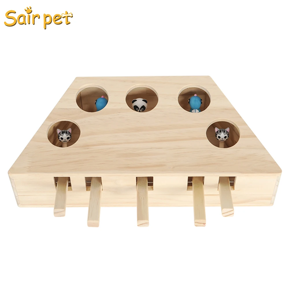 
Interactive Cat Hunt Mouse Toys for Indoor Cats, Creative Wooden Solid Whack a Mole Game Funny Kitten Puzzle Pets Toy, 3/5 Holes 