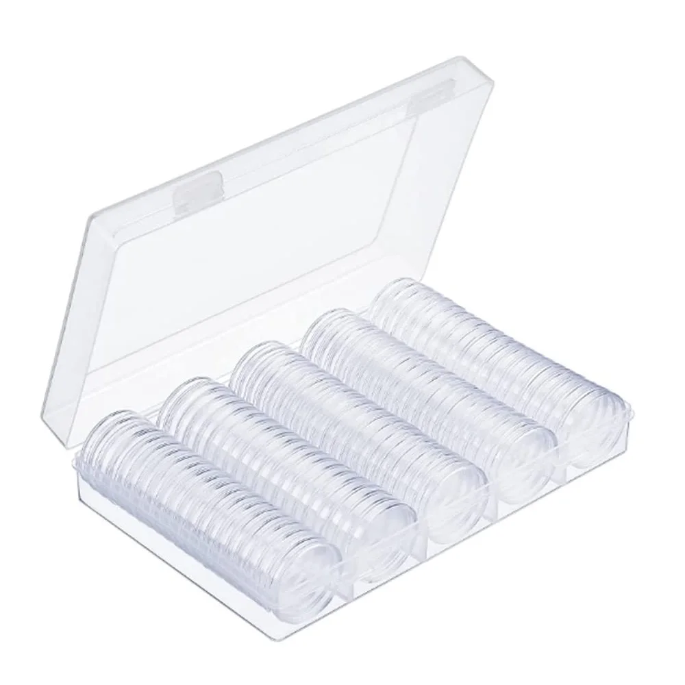 100 Pieces 25mm Coin Capsules Coin Holder Case with Plastic Storage Organizer Box 25mm Clear Coin Capsules