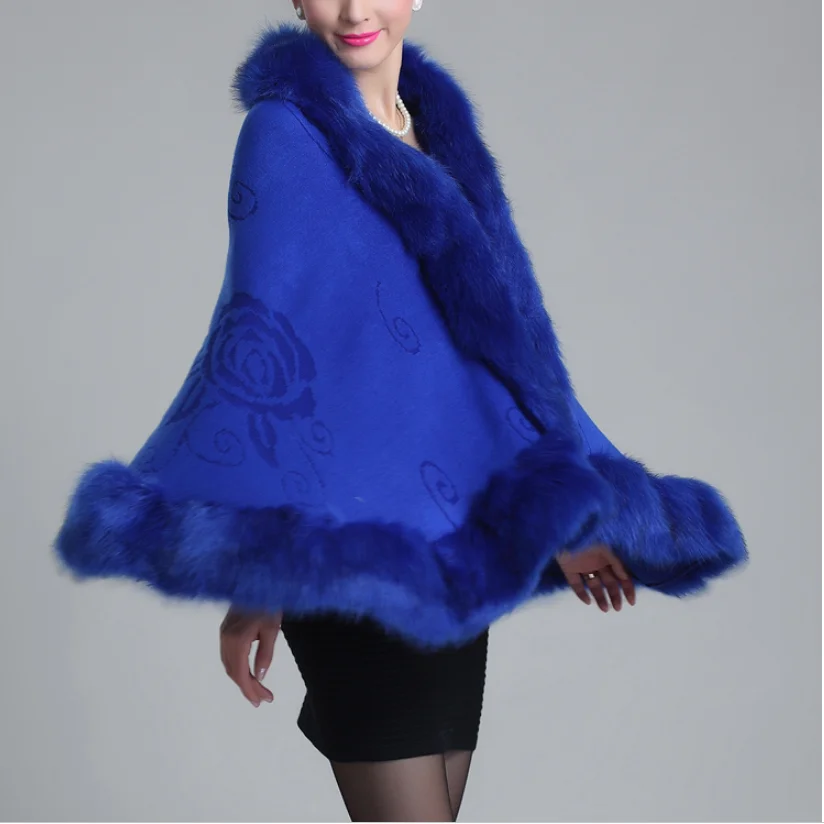 Модное женское пальто из искусственного меха на осень и зиму кожаное пончо с воротником лисьего накидки Женская шаль накидка шерстяное меховое