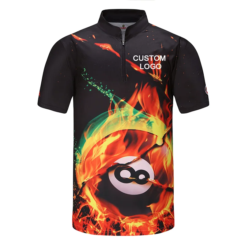 High quality wholesale 140gsm 100% polyester interlock sport theme billiard zipper custom logo sublimation tshirts for men
