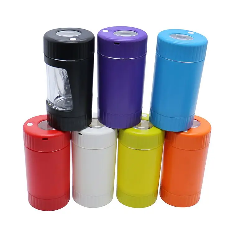 New Design glow jars LED Custom Plastic Glass Light-Up LED Air Tight Storage Magnifying Glowing Jar with grinder for tobacco