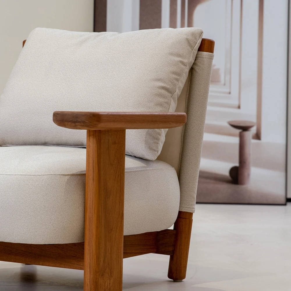 Modern Outdoor Upholstered Sofa Chair Living Room Fabric Ice Cream Exterior Design Accent Arm Chair Wooden Frame Armchair