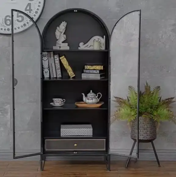 Art crafted Shabby Chic Black Dark Storage Arched Display Cupboard Glass Door 3 Shelf 1 Drawer Cabinet Metal Leg Base bookcase