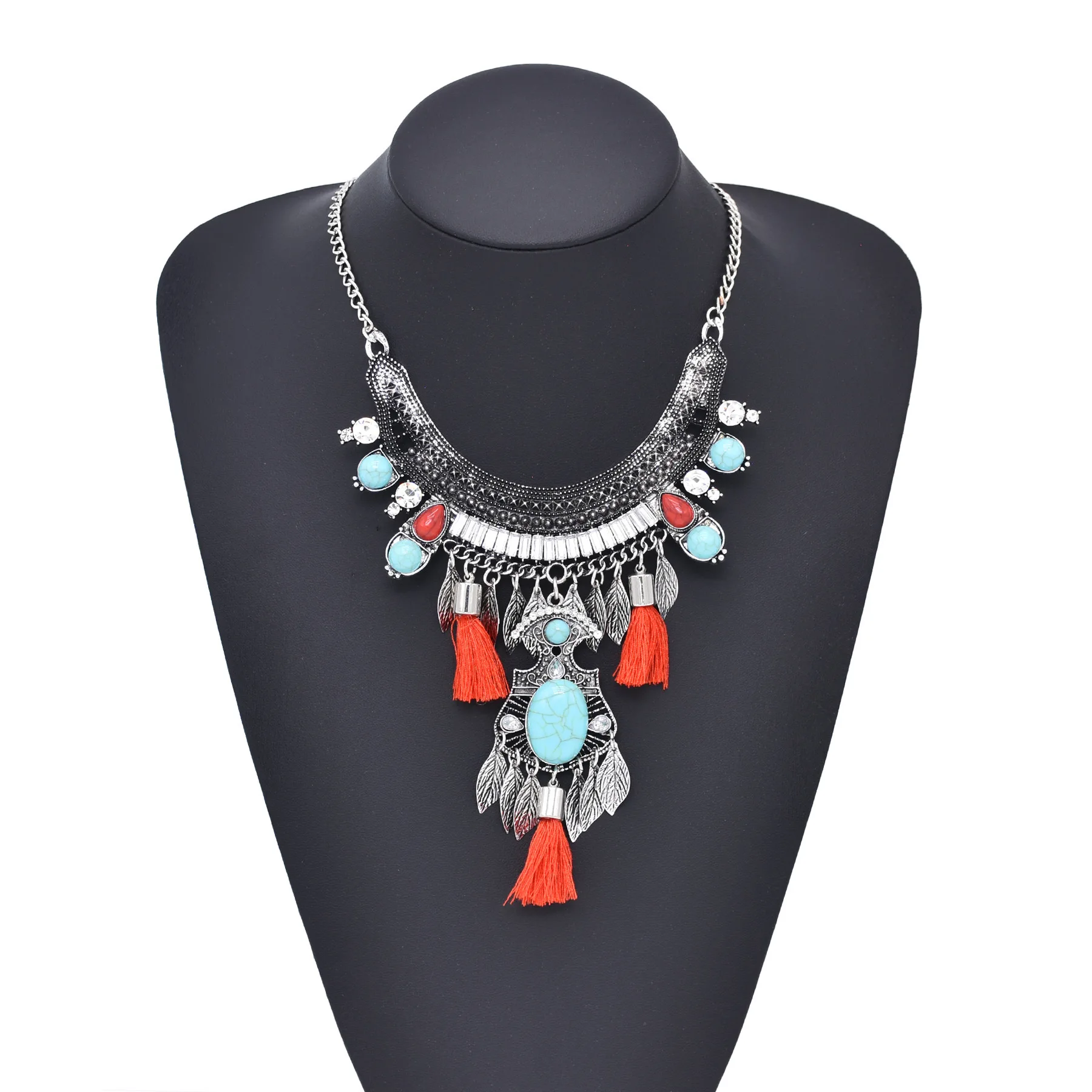 Vintage Ethnic Bohemian Silver Metal Statement Necklace Thread Leaves Tassels Jewelry Choker Necklace