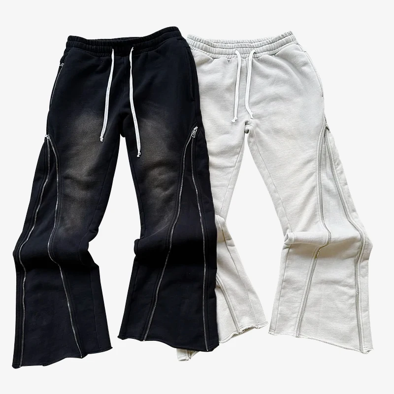 Custom Logo Sun Fade Flared Sweat Pants Men Side Zip up Blank Heavy Cut and Sew Baggy Acid Washed Rhinestone Sweatpants Men