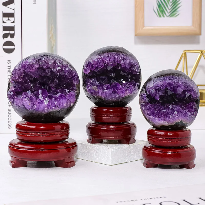 Natural Amethyst Open Smile Ball Druzy Amethyst Laughing Geode Sphere Semiprecious Stone Crafts For Fengshui