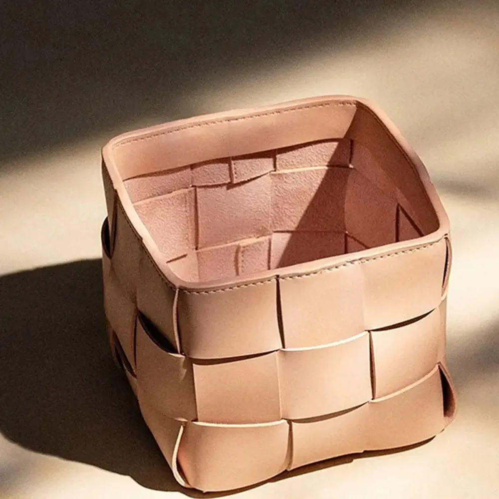 PU Leather Double-Tiered Desktop Organizer Pen Holder Makeup Brush Bucket Storage Wicker Home Office Living Room Bathroom