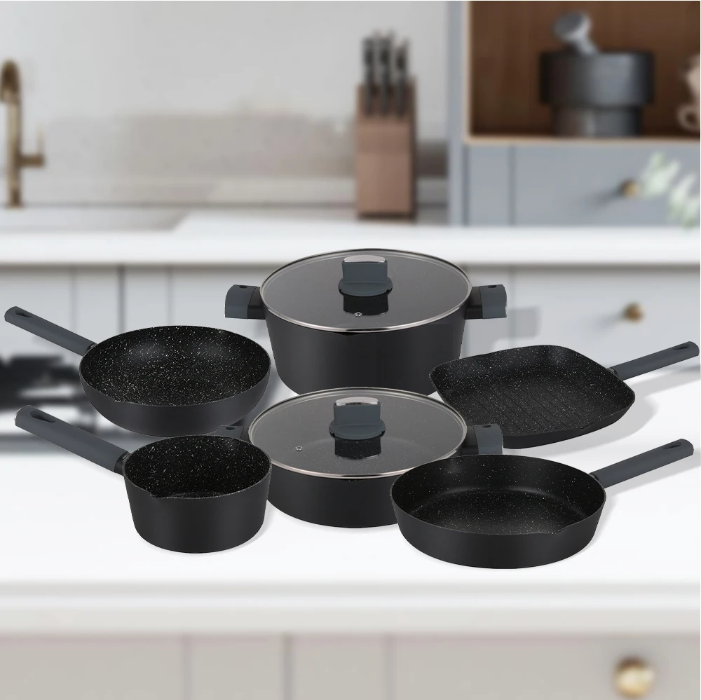 Colli  black Aluminum Kitchenware Frying Pan Low Pot Casserole Baking Pan Set Nonstick Coated with Bakelite Handles