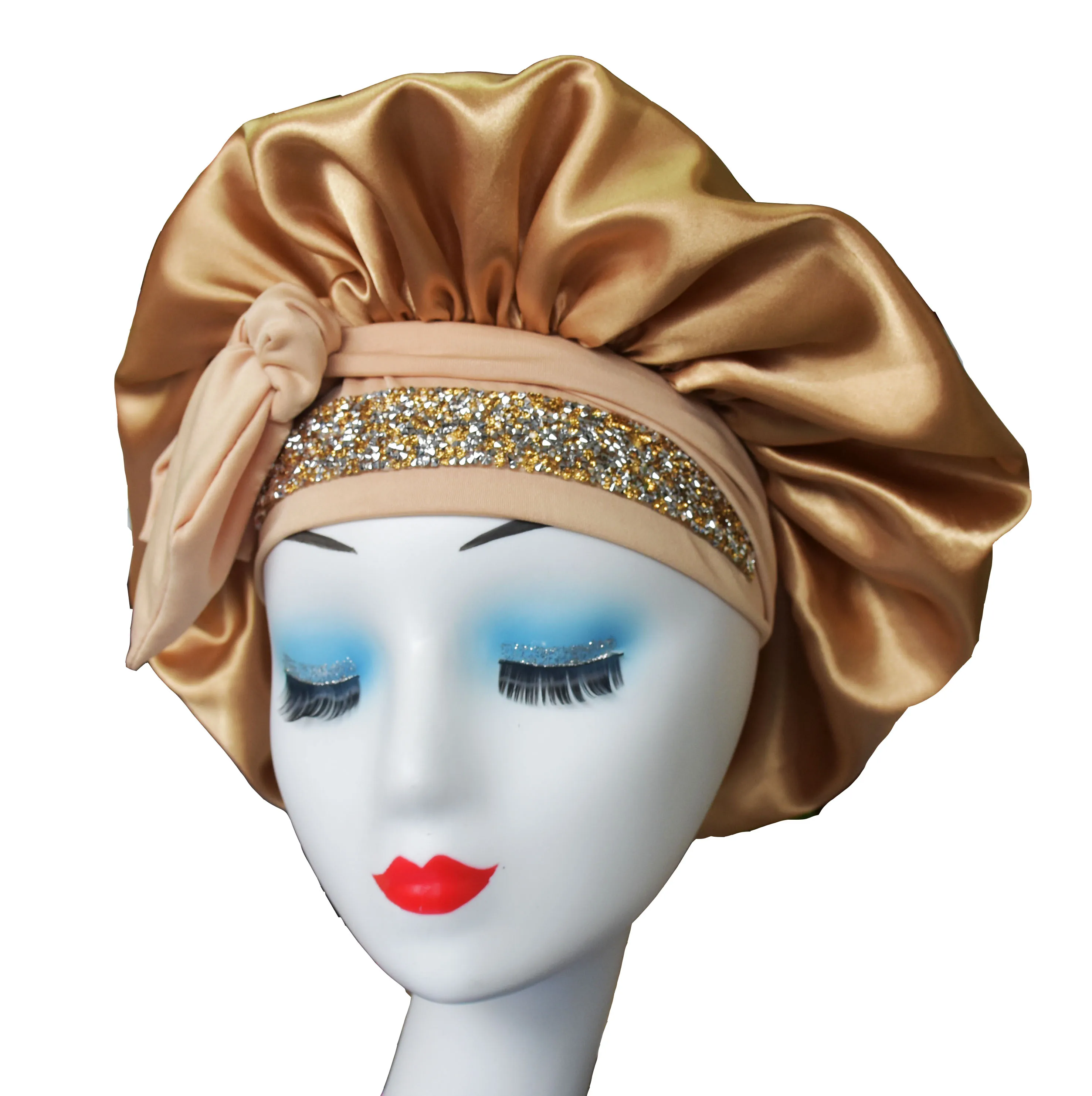 
Bonnet Queen high quality satin silk luxury bling rhinestone bonnet hair sleep cap with tie band 