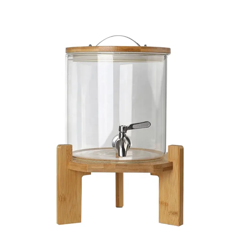 5L Handmade Heat Resistant High Borosilicate Glass Tank Drink Beverage Dispenser With Faucet And Bamboo Lid