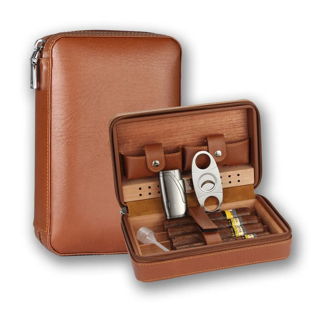 Wholesale Cigar Travel Humidor Cedar Wood Leather Cigar Case with Cigar Accessories Gift Set