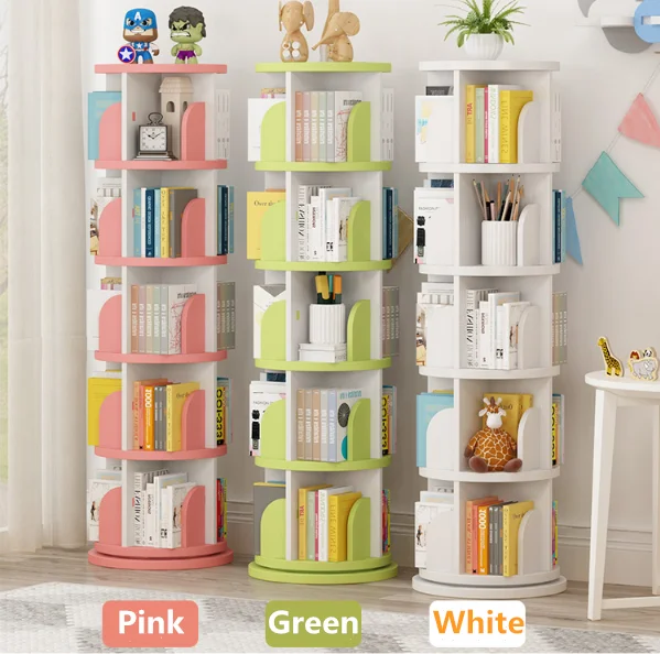 Kids Rotatable Bookshelf 360 Degree Wood Bookcase Revolving Storage Holders Racks Bookcase for Children