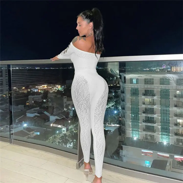 Hot Sale Club Night Women Hollow Leopard One Shoulder Long Sleeve Jumpsuit Cut Out Bodysuits Workout Jumpsuit For Women Sexy