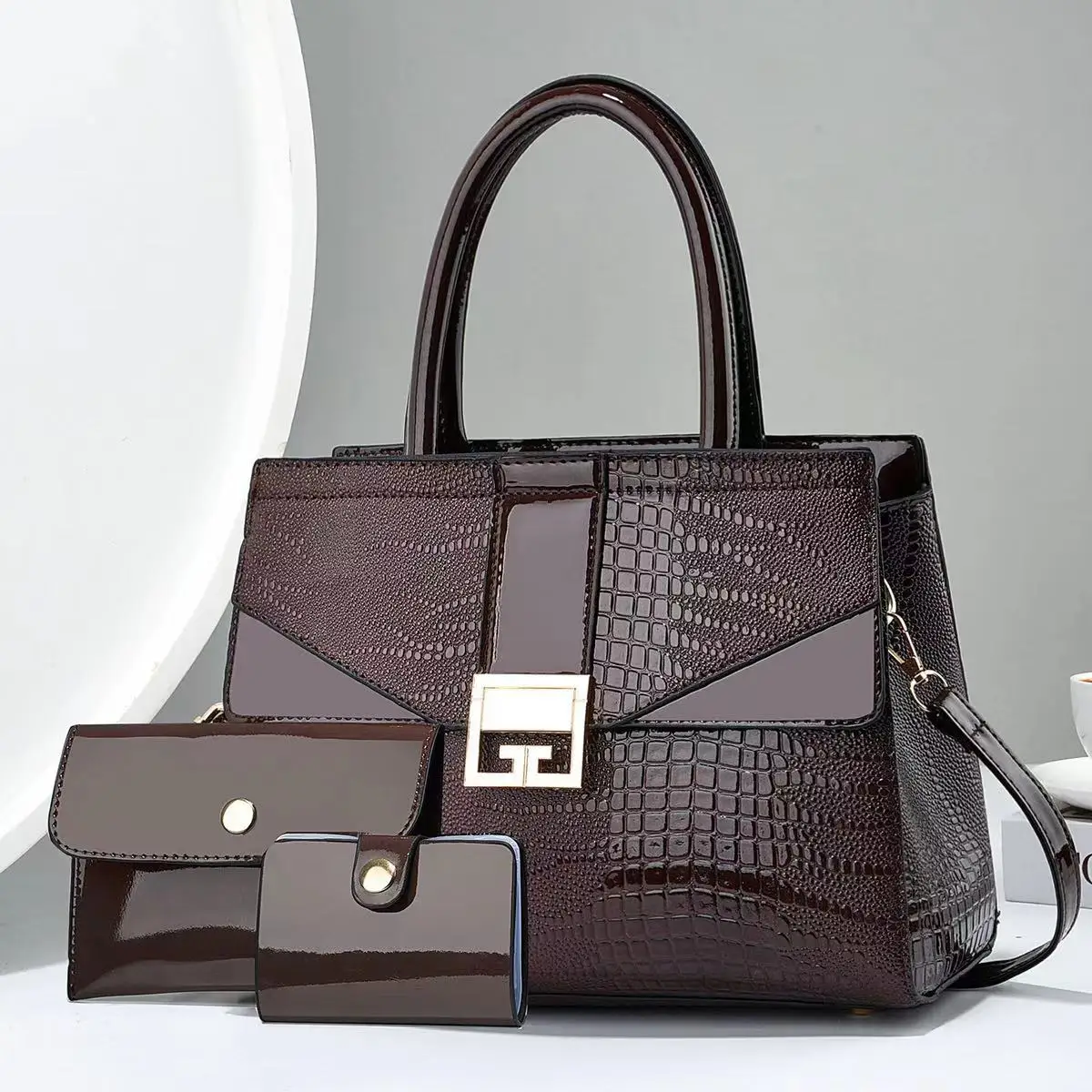 2Pieces Set/Hot Selling Classic Luxury Woman Handbags Shiny Lather Fashion Bags with Wallet European Style Large Purse