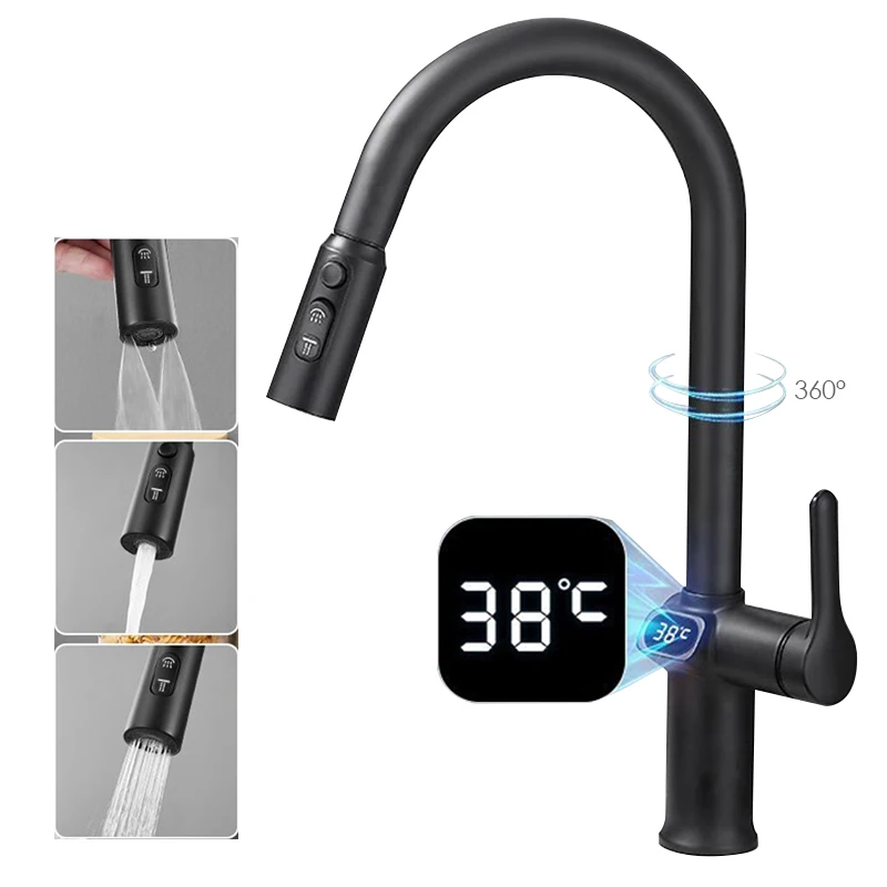 Modern Black 360 Degree Rotating design Kitchen Faucet Digital Led Temperature Display Faucet Pull Out hot and cold kitchen tap