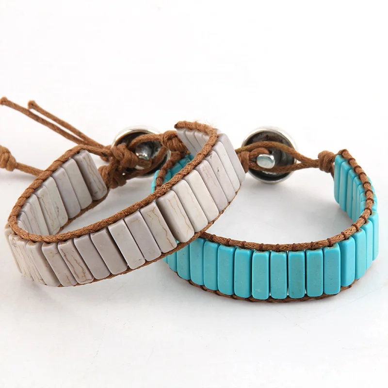 Fashion Thread Leather Wrap Bracelet Pierre Naturelle Flower Button  Rectangle White Turquoise Stone Bracelet