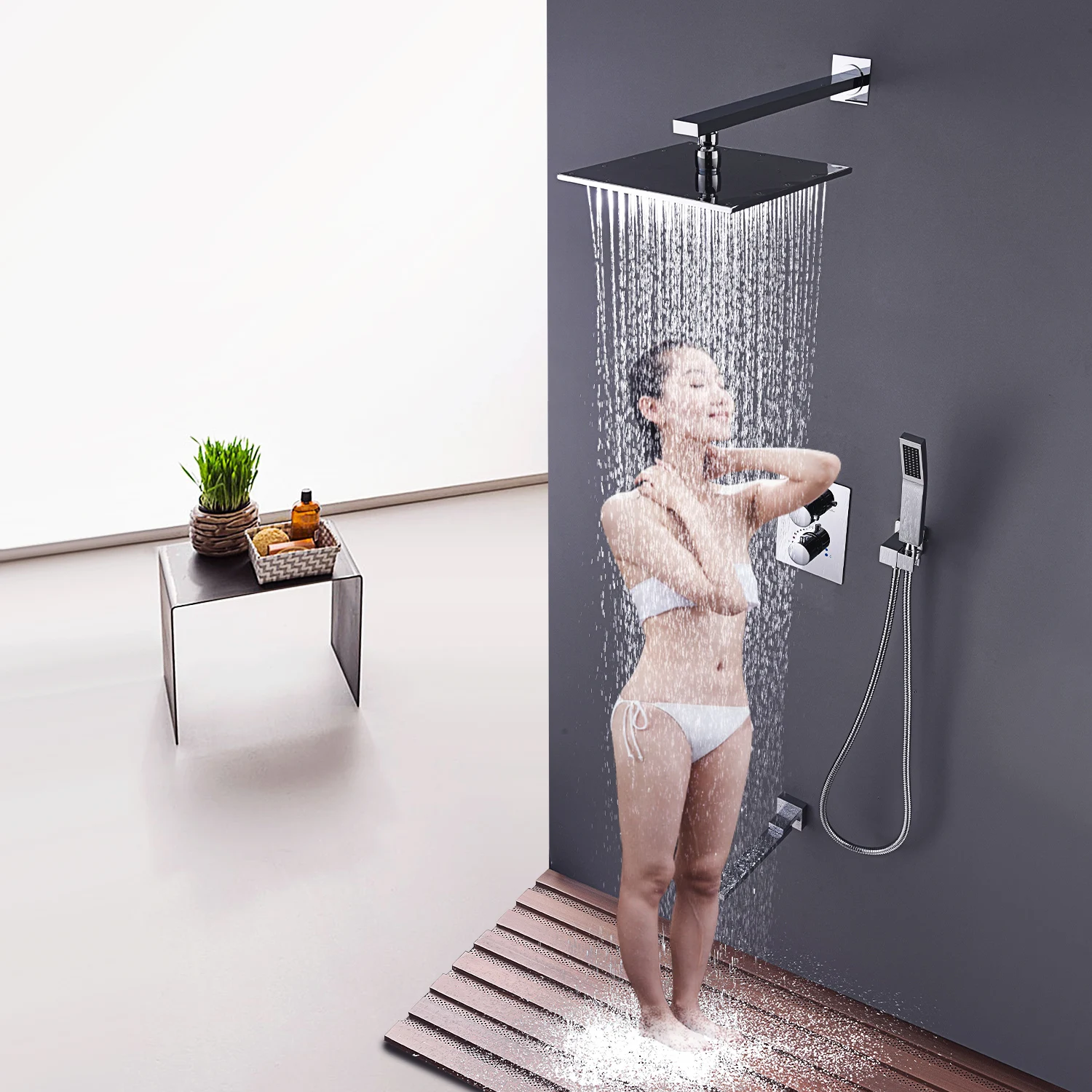 Bathroom Rainfall Shower System 10' Wall Mounted Shower Thermostatic Faucets set