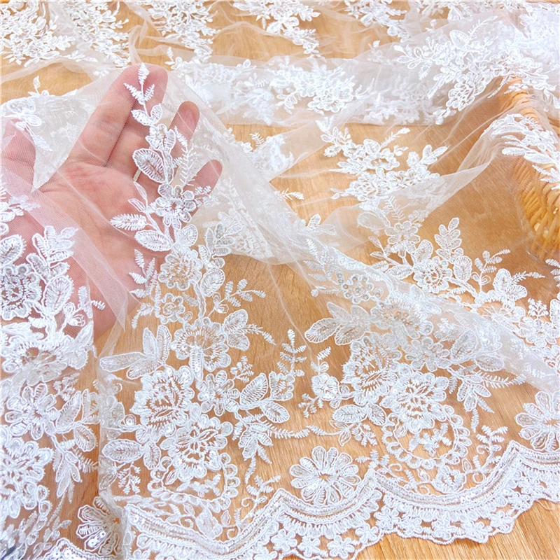 Wholesale French Mesh White Sequin Fabric Bridal Embroidery Lace Polyester Tulle Wedding Clothing Textile Fabric