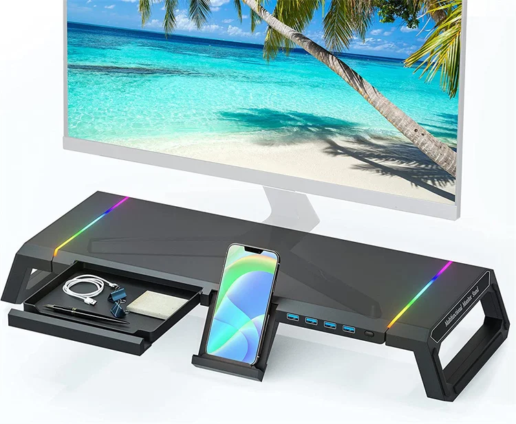 Лидер продаж на amazon, подставка для монитора RGB, подставка для монитора компьютера с дополнительным выдвижным ящиком и держателем для телефона